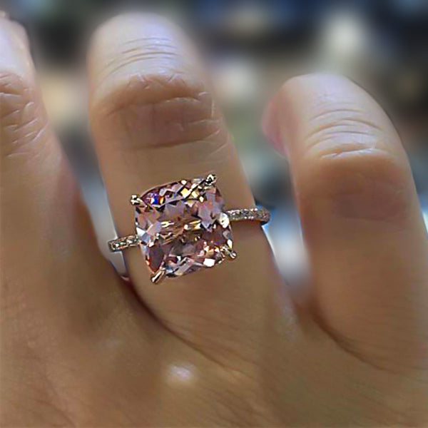 5Ct Rose Gold Peachy Pink Stone Cushion Cut Engagement Ring With Double Halo-Sterling Silver-lornajewelry