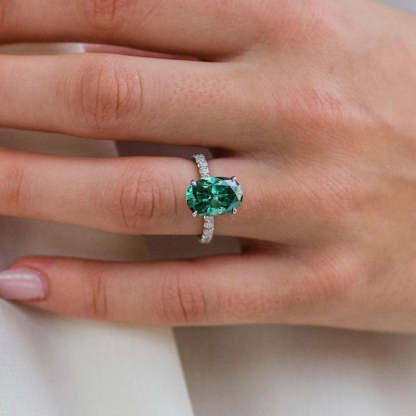 3.5Ct Classic Oval Cut Emerald Green  Engagement Ring-Sterling Silver-lornajewelry