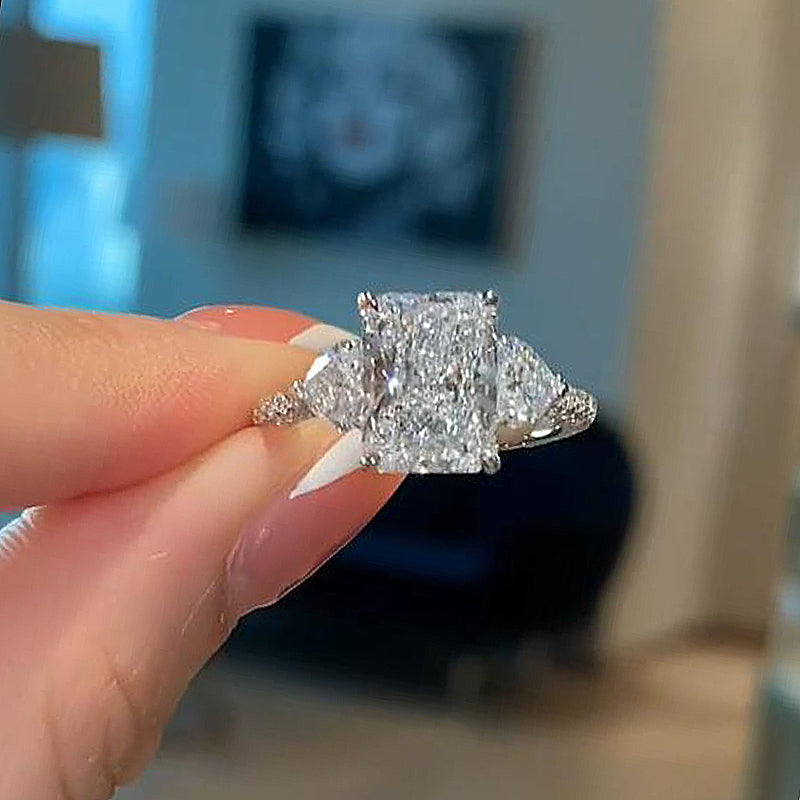 5Ct Luxurious Radiant Cut & Heart Cut Three Stone Engagement Ring In Sterling Silver-Sterling Silver-lornajewelry
