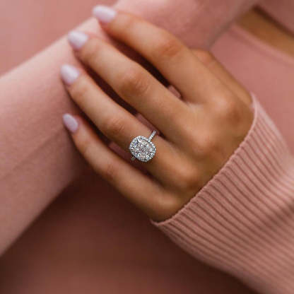4Ct Luxurious Halo Cushion Cut  Engagement Ring In Sterling Silver-Sterling Silver-lornajewelry