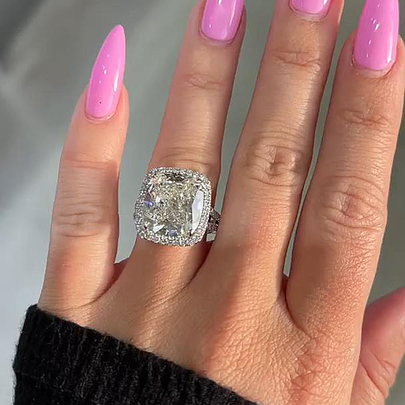 9Ct Luxurious Split Shank Halo Cushion Cut Engagement Ring For Women In Sterling Silver-Sterling Silver-lornajewelry