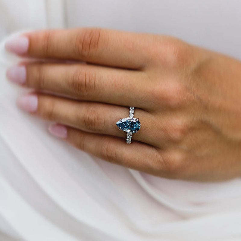 4Ct Unique Pear Cut Blue Sapphire Engagement Ring In Sterling Silver-Sterling Silver-lornajewelry