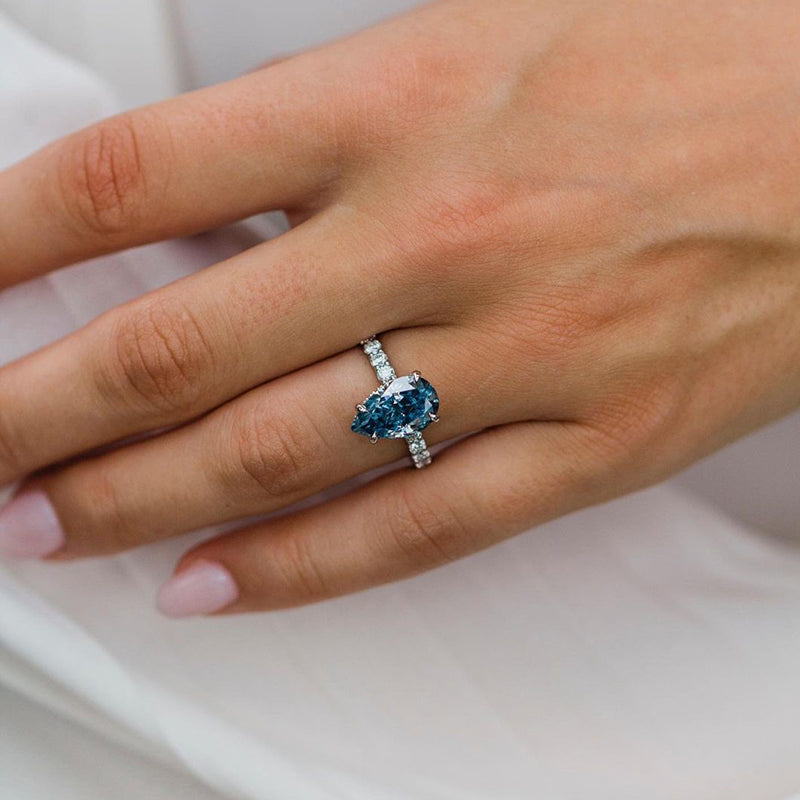 4Ct Unique Pear Cut Blue Sapphire Engagement Ring In Sterling Silver-Sterling Silver-lornajewelry