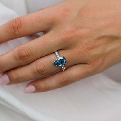 4Ct Unique Pear Cut Blue Sapphire Engagement Ring In Sterling Silver-Sterling Silver-lornajewelry