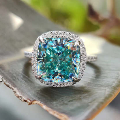 5Ct Exquisite Halo Cushion Cut Cyan Blue Engagement Ring In Sterling Silver-Sterling Silver-lornajewelry