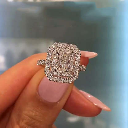 1Ct Double Halo Radiant Cut  Engagement Ring In Sterling Silver-Sterling Silver-lornajewelry