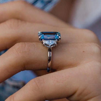 6Ct Gorgeous Emerald Cut Light Aquamarine Blue Three Stone Engagement Ring In Sterling Silver-Sterling Silver-lornajewelry