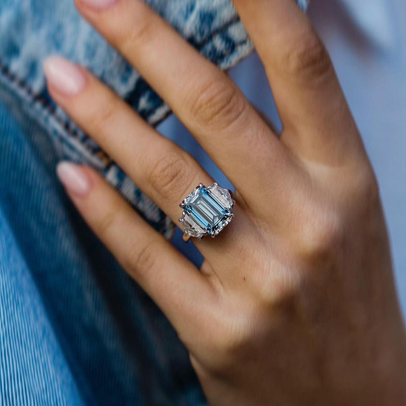 6Ct Gorgeous Emerald Cut Light Aquamarine Blue Three Stone Engagement Ring In Sterling Silver-Sterling Silver-lornajewelry