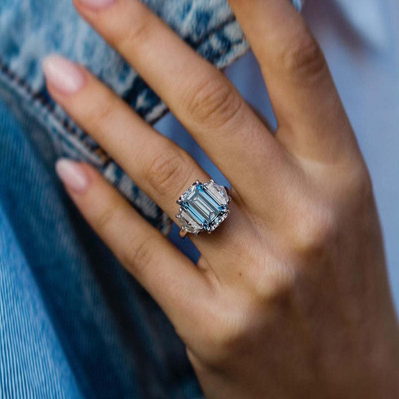 6Ct Gorgeous Emerald Cut Light Aquamarine Blue Three Stone Engagement Ring In Sterling Silver-Sterling Silver-lornajewelry