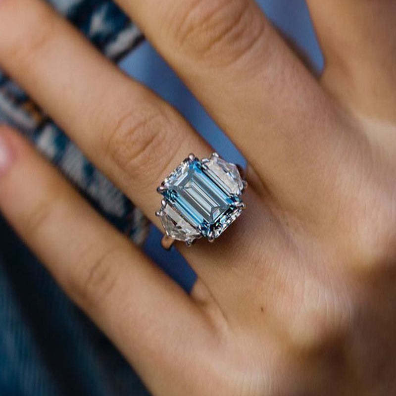 6Ct Gorgeous Emerald Cut Light Aquamarine Blue Three Stone Engagement Ring In Sterling Silver-Sterling Silver-lornajewelry
