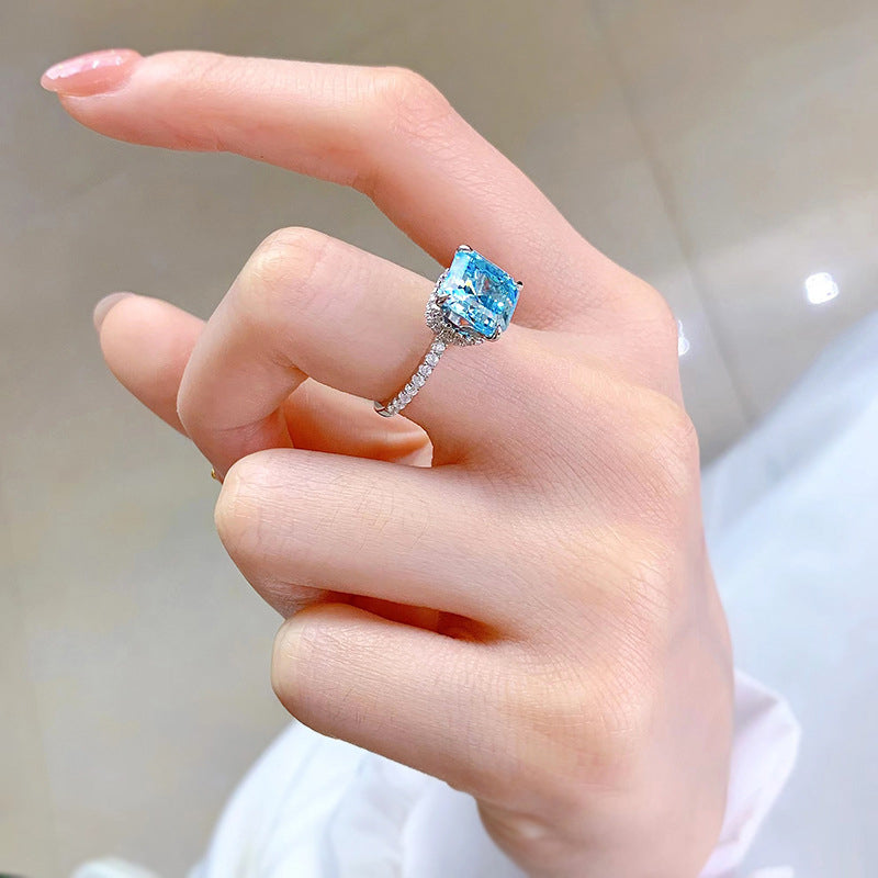 3Ct Stunning Hidden Halo Asscher Cut Light Aquamarine Blue Engagement Ring In Sterling Silver-Sterling Silver-lornajewelry