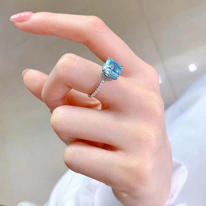 3Ct Stunning Hidden Halo Asscher Cut Light Aquamarine Blue Engagement Ring In Sterling Silver-Sterling Silver-lornajewelry