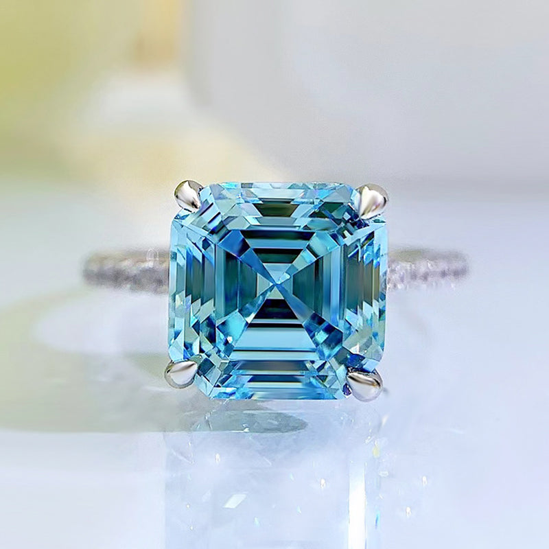 3Ct Stunning Hidden Halo Asscher Cut Light Aquamarine Blue Engagement Ring In Sterling Silver-Sterling Silver-lornajewelry