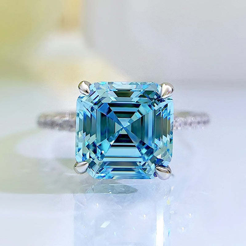 3Ct Stunning Hidden Halo Asscher Cut Light Aquamarine Blue Engagement Ring In Sterling Silver-Sterling Silver-lornajewelry