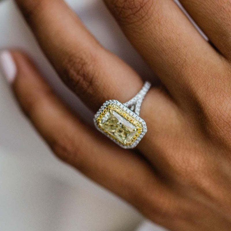 2.5Ct Luxurious Split Shank Double Halo Radiant Cut Yellow Sapphire Engagement Ring-Sterling Silver-lornajewelry