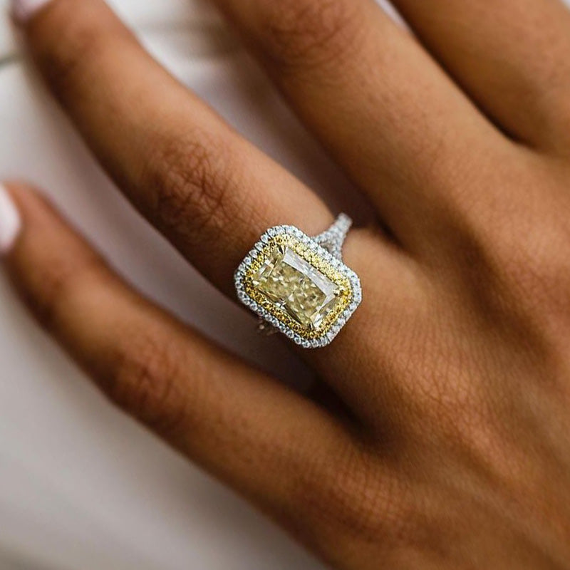 2.5Ct Luxurious Split Shank Double Halo Radiant Cut Yellow Sapphire Engagement Ring-Sterling Silver-lornajewelry