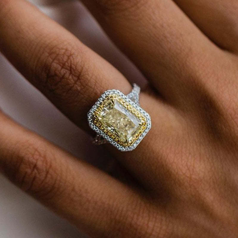 2.5Ct Luxurious Split Shank Double Halo Radiant Cut Yellow Sapphire Engagement Ring-Sterling Silver-lornajewelry