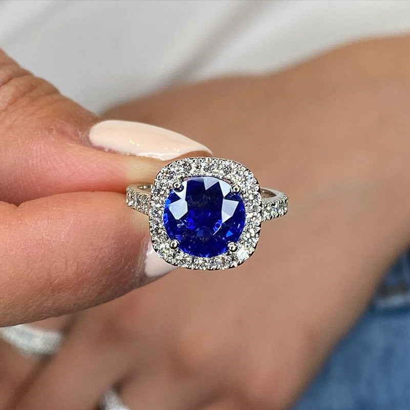 2Ct Stunning Halo Round Cut Blue Sapphire Engagement Ring In Sterling Silver-Sterling Silver-lornajewelry