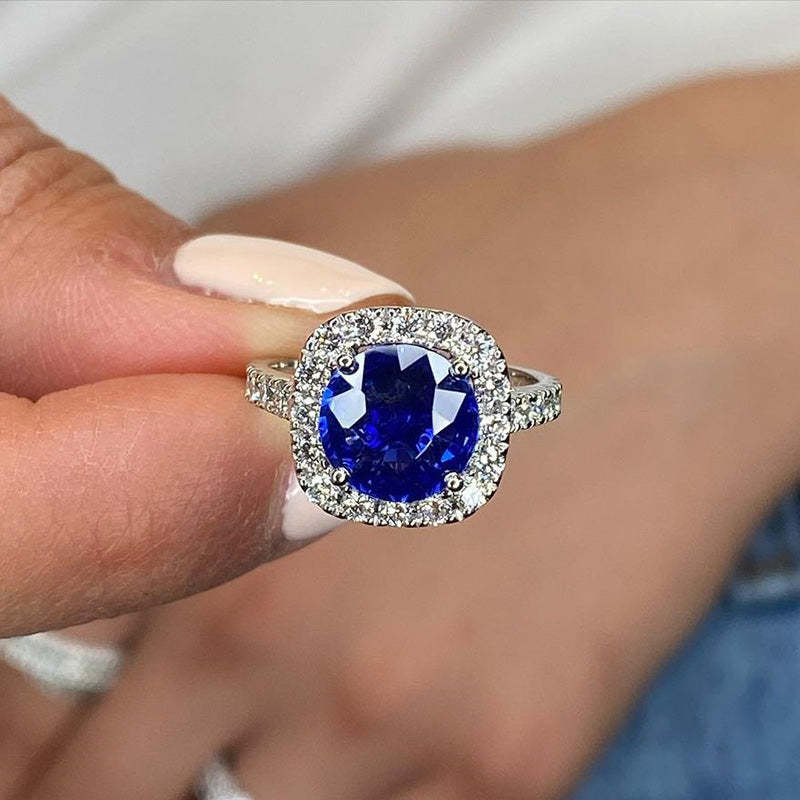 2Ct Stunning Halo Round Cut Blue Sapphire Engagement Ring In Sterling Silver-Sterling Silver-lornajewelry