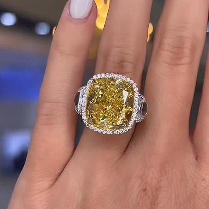 7Ct Luxurious Halo Cushion Cut Three Stone Yellow Sapphire Engagement Ring-Sterling Silver-lornajewelry