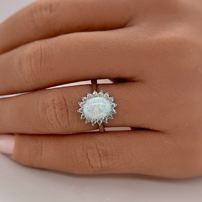 6Ct Elegant Halo Oval Cut Opal Stone Engagement Ring In Sterling Silver-Sterling Silver-lornajewelry