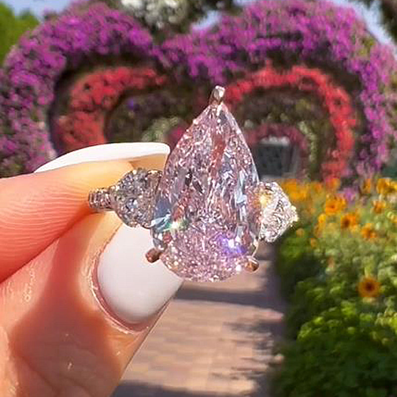 8Ct Gorgeous Pear Cut Pink Sapphire Three Stone Engagement Ring-Sterling Silver-lornajewelry