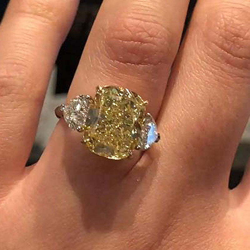 6.5Ct Elegant Cushion Cut Three Stone Yellow Sapphire Engagement Ring In Sterling Silver-Sterling Silver-lornajewelry