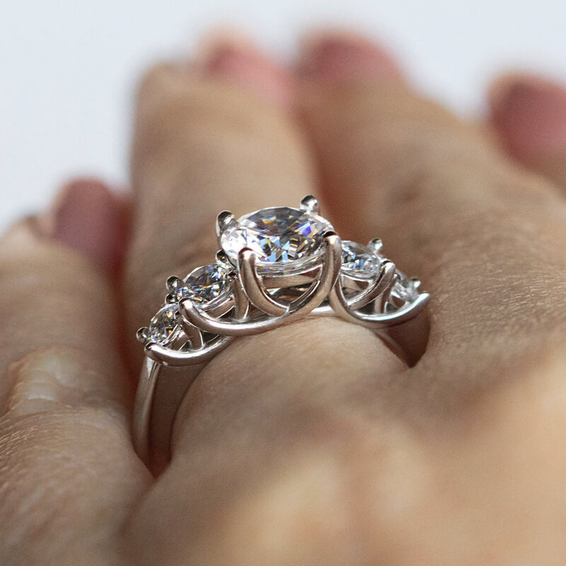 1Ct Moissanite Five Stone Trellis Sidestone Engagement Ring-Sterling Silver-lornajewelry
