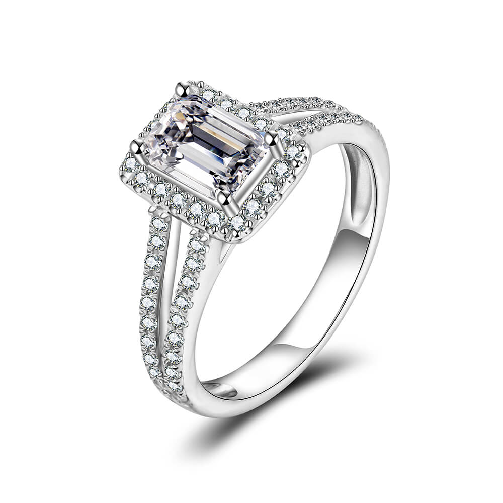 2Ct Moissanite Halo Emerald Cut Split Shank Pave Sterling Silver Engagement Ring-Sterling Silver-lornajewelry