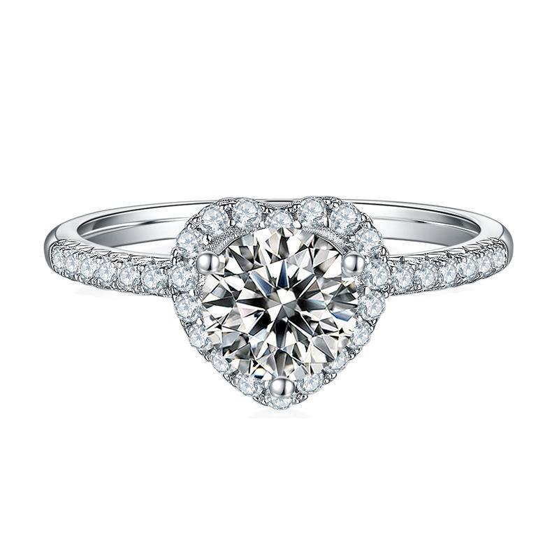 1Ct Moissanite Heart Halo Round Pave Sterling Silver Engagement Ring-Sterling Silver-lornajewelry