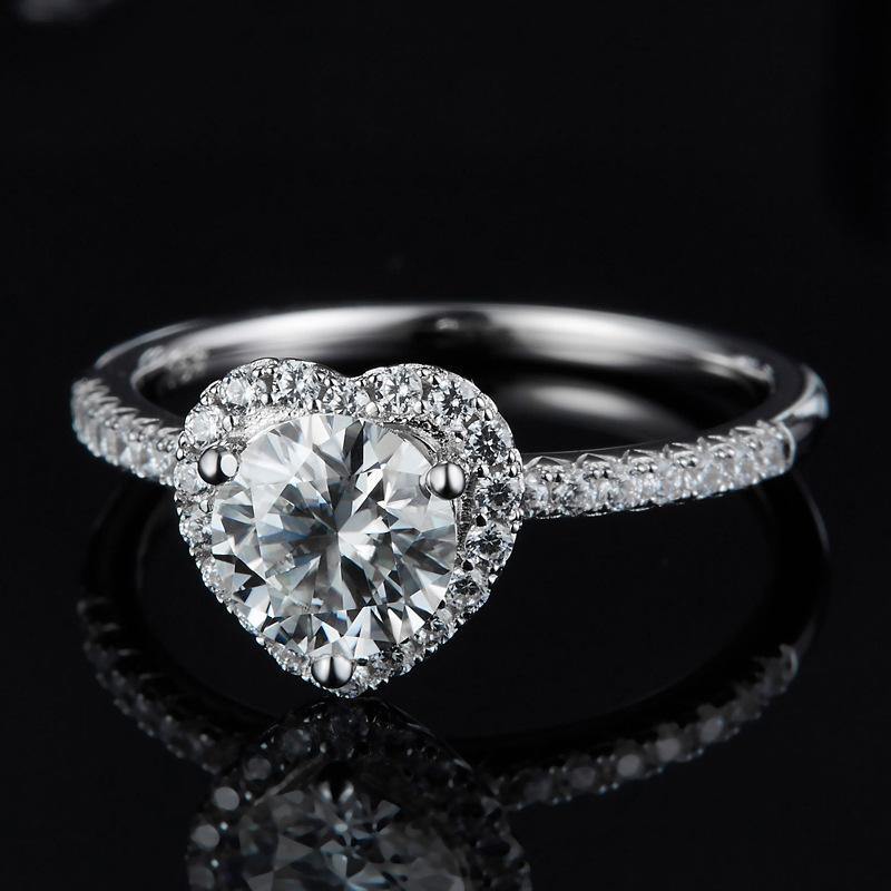 1Ct Moissanite Heart Halo Round Pave Sterling Silver Engagement Ring-Sterling Silver-lornajewelry
