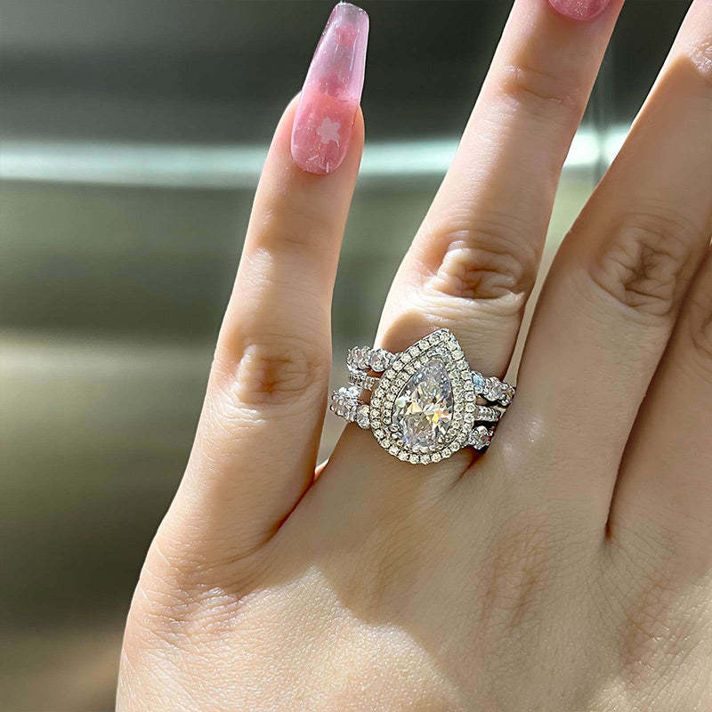 Eternity Double Halo Pear Cut 3-Pieces Wedding Set In Sterling Silver-Sterling Silver-lornajewelry