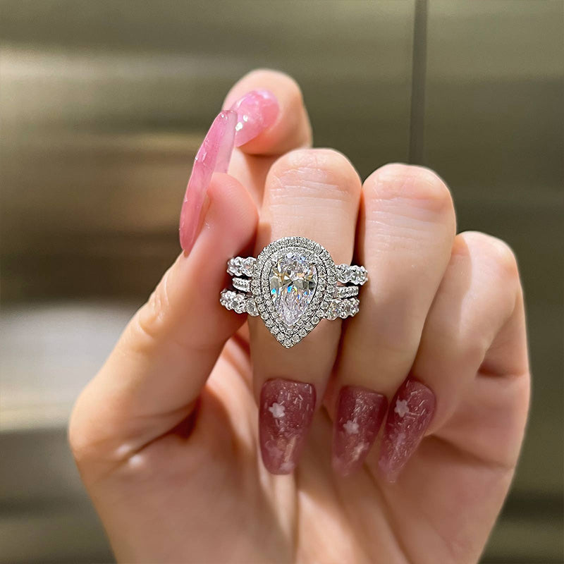 Eternity Double Halo Pear Cut 3-Pieces Wedding Set In Sterling Silver-Sterling Silver-lornajewelry