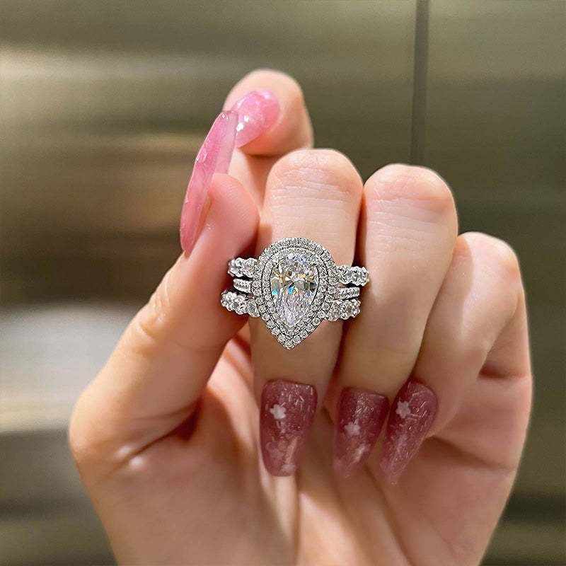 Eternity Double Halo Pear Cut 3-Pieces Wedding Set In Sterling Silver-Sterling Silver-lornajewelry