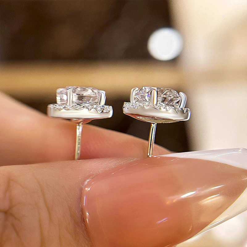 Halo Round Cut Women's Stud Earrings-Sterling Silver-lornajewelry
