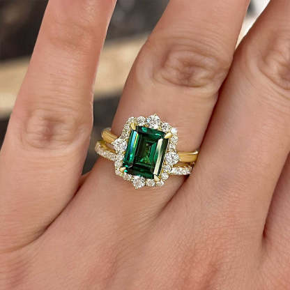 Exclusive Yellow Gold Halo Emerald Cut Wedding Sets In Sterling Silver-Sterling Silver-lornajewelry