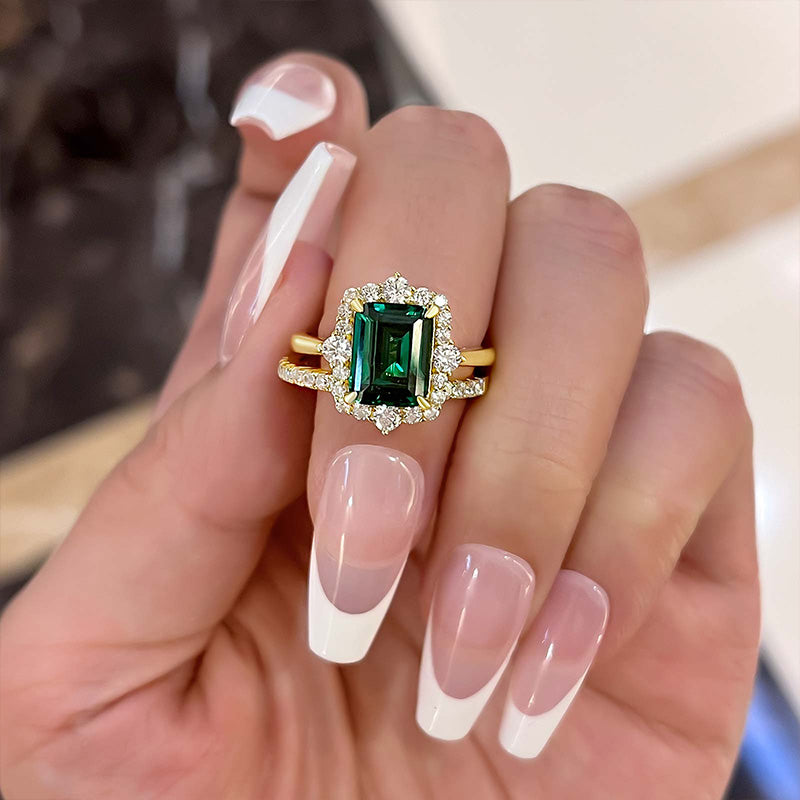 Exclusive Yellow Gold Halo Emerald Cut Wedding Sets In Sterling Silver-Sterling Silver-lornajewelry