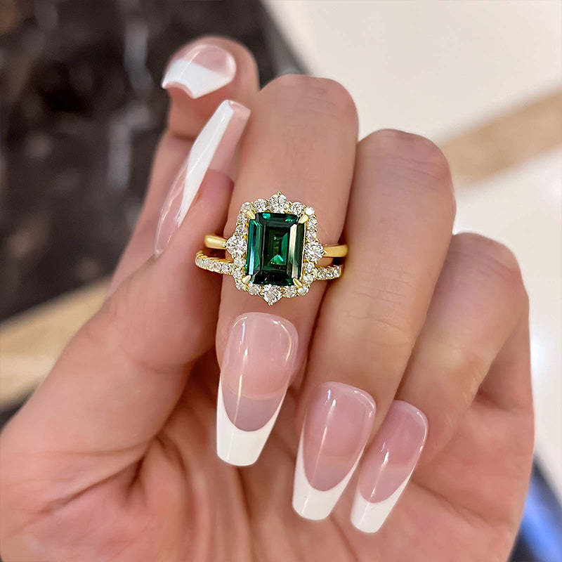 Exclusive Yellow Gold Halo Emerald Cut Wedding Sets In Sterling Silver-Sterling Silver-lornajewelry