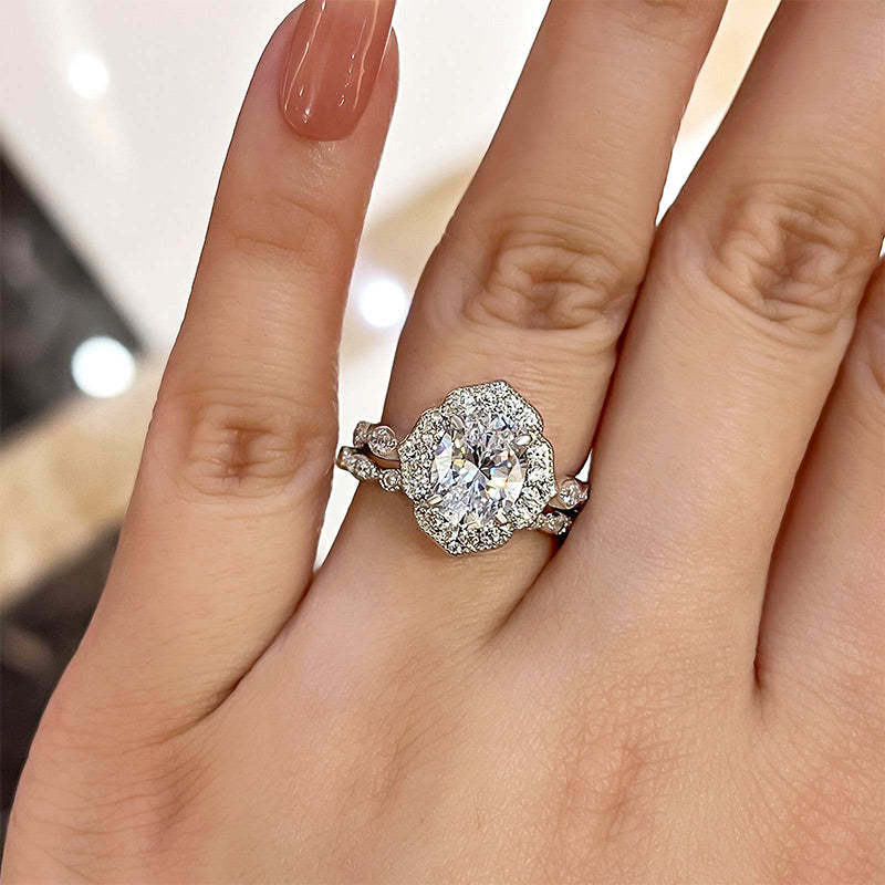 Milgrain Halo Oval Cut Vintage Wedding Set In Sterling Silver-Sterling Silver-lornajewelry