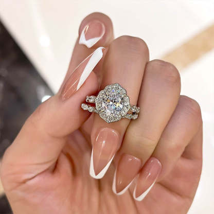 Milgrain Halo Oval Cut Vintage Wedding Set In Sterling Silver-Sterling Silver-lornajewelry