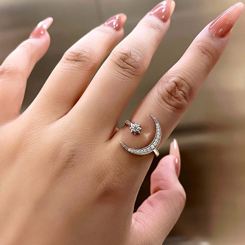 Crescent Moon & Star Adjustable Open Ring-Sterling Silver-lornajewelry