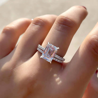Classic Emerald Cut Wedding Ring Set In Sterling Silver-Sterling Silver-lornajewelry