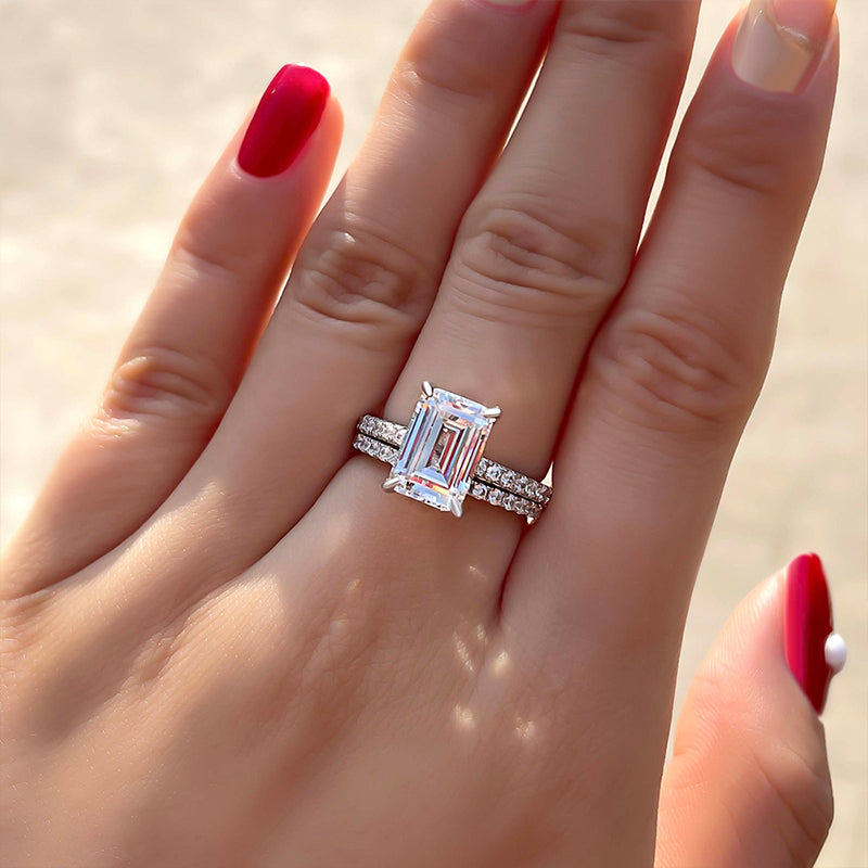 Classic Emerald Cut Wedding Ring Set In Sterling Silver-Sterling Silver-lornajewelry