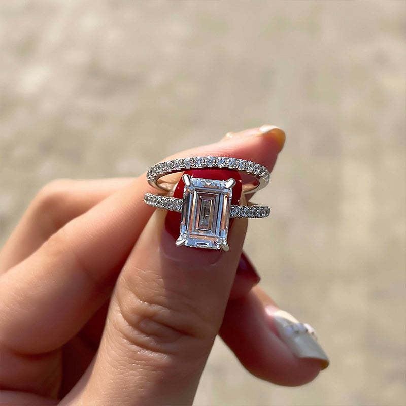 Classic Emerald Cut Wedding Ring Set In Sterling Silver-Sterling Silver-lornajewelry