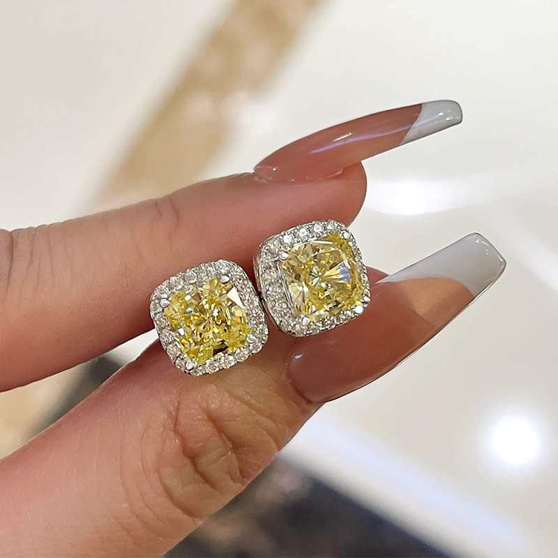 4.0 Carat Yellow Sapphire Halo Princess Cut Sterling Silver Women's Stud Earrings-Sterling Silver-lornajewelry