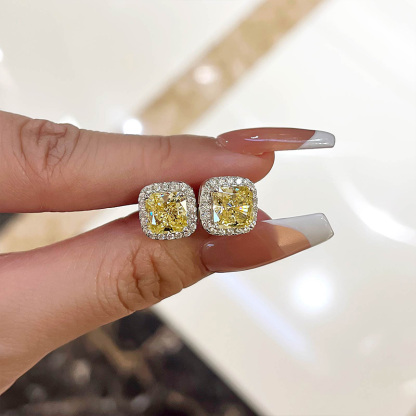 4.0 Carat Yellow Sapphire Halo Princess Cut Sterling Silver Women's Stud Earrings-Sterling Silver-lornajewelry