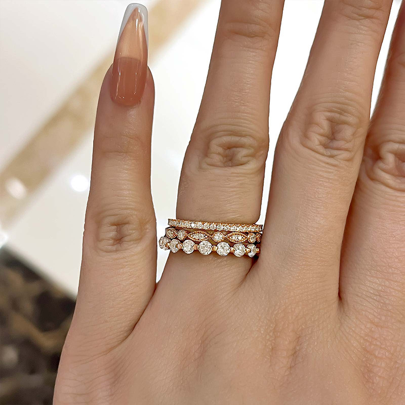 Art Deco 3-Pieces Stackable Wedding Band Set In Sterling Silver-Sterling Silver-lornajewelry