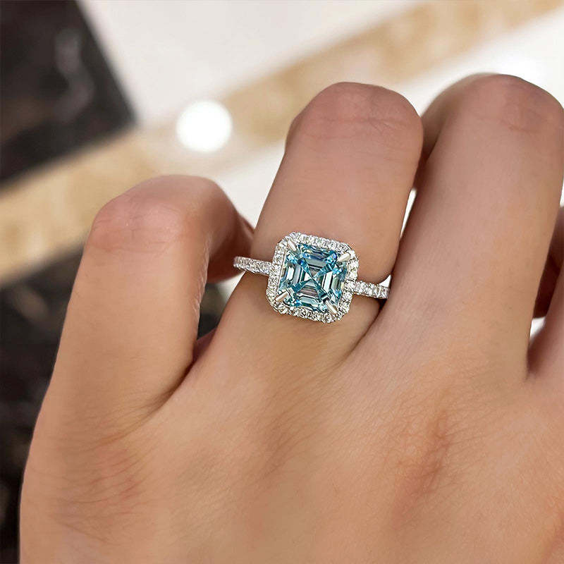 3Ct Exclusive Halo Asscher Cut Light Aquamarine Blue Engagement Ring In Sterling Silver-Sterling Silver-lornajewelry