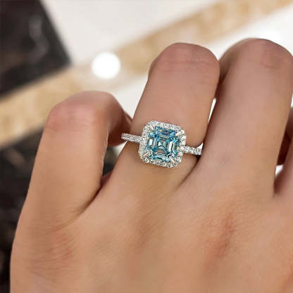 3Ct Exclusive Halo Asscher Cut Light Aquamarine Blue Engagement Ring In Sterling Silver-Sterling Silver-lornajewelry