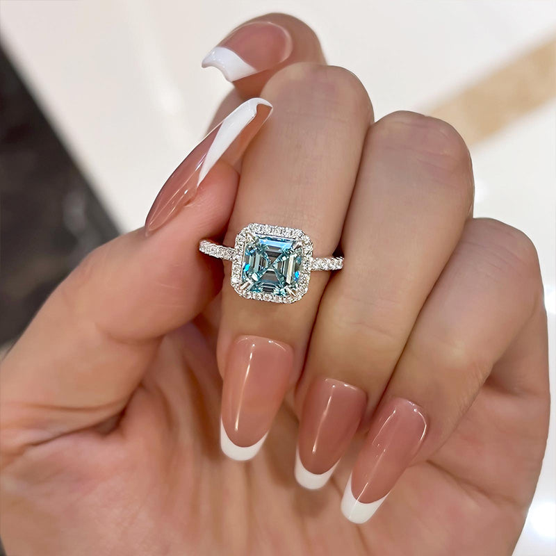 3Ct Exclusive Halo Asscher Cut Light Aquamarine Blue Engagement Ring In Sterling Silver-Sterling Silver-lornajewelry